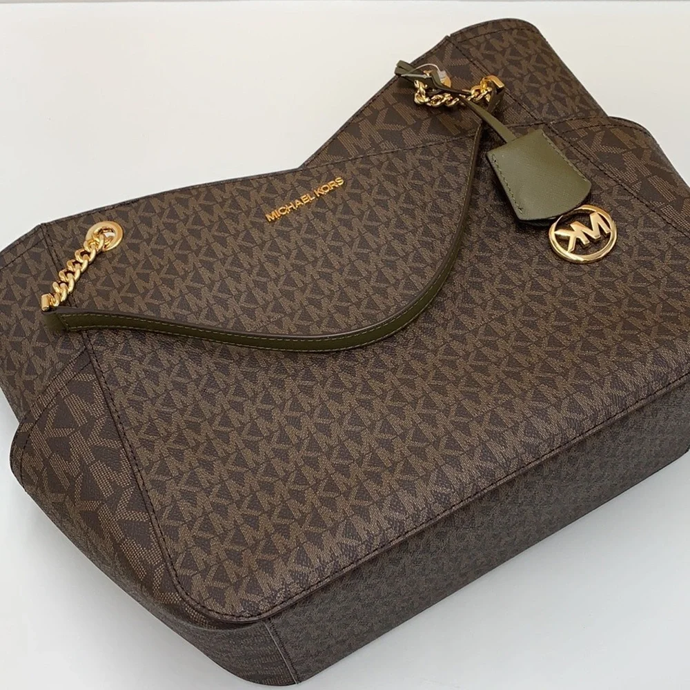 MICHAEL KORS Jet Set Large XChain Logo Shoulder Tote Bag OLIVE/BROWN COLOR